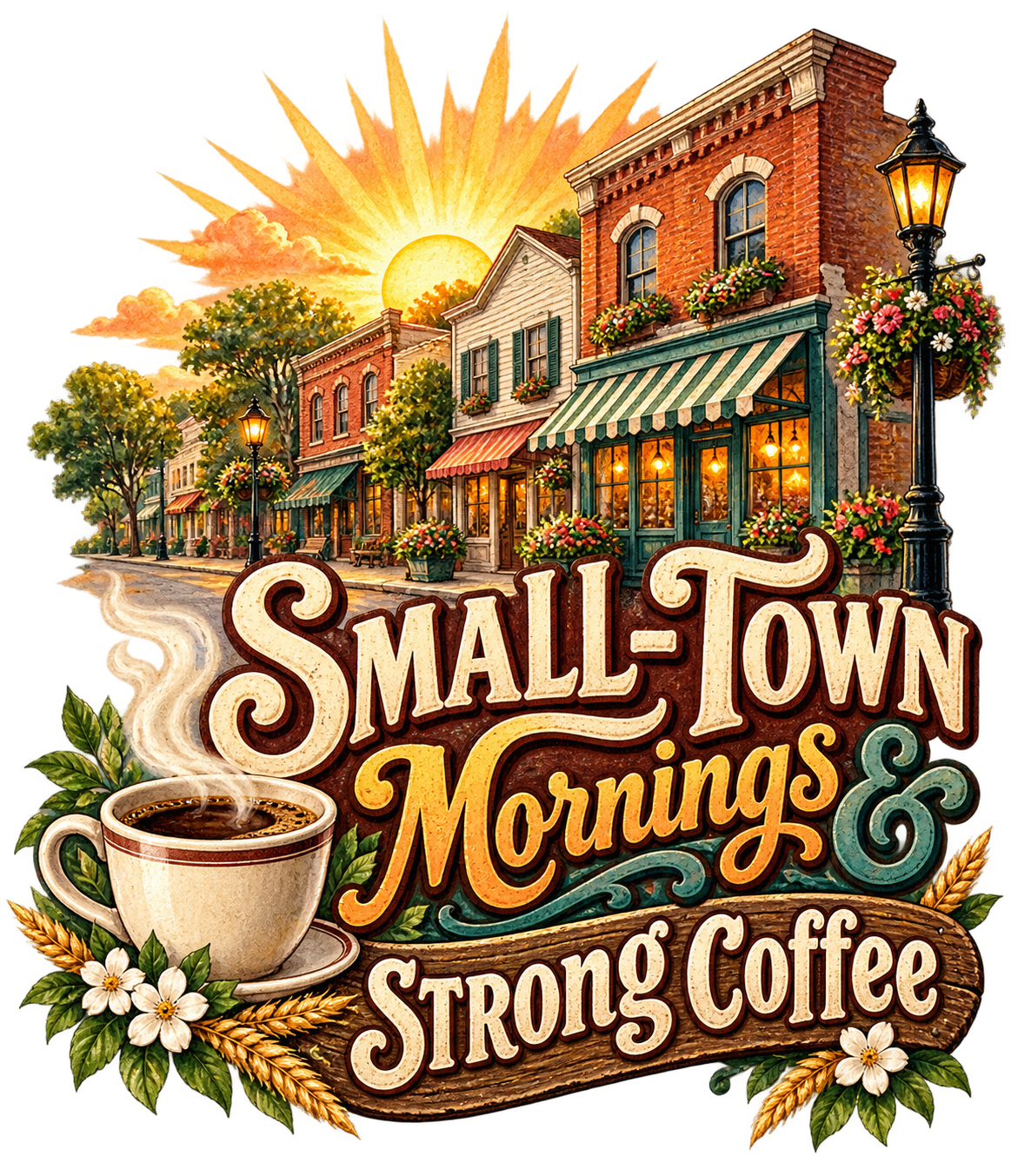 Small-Town Mornings & Strong Coffee Ceramic Mug – Rustic Country Coffee Cup, Small-Town Gift