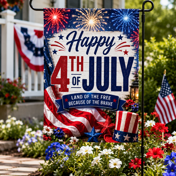Happy 4th of July Garden Flag | Patriotic Fireworks Outdoor Decor | USA Independence Day Flag