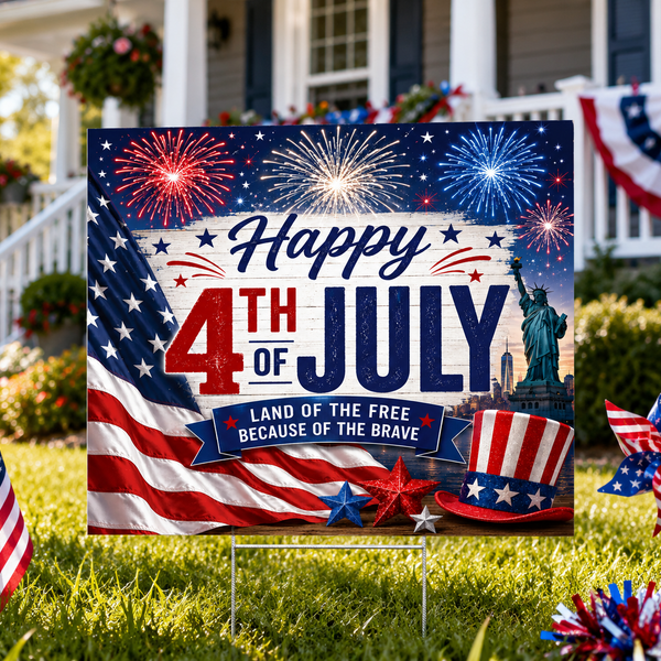 Happy 4th of July Patriotic Yard Sign | USA Fireworks Outdoor Lawn Decor | Made in USA