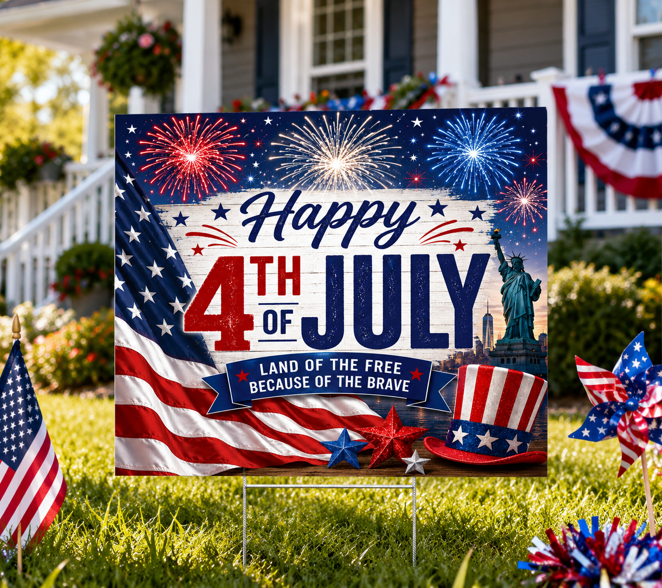 Happy 4th of July Patriotic Yard Sign | USA Fireworks Outdoor Lawn Decor | Made in USA