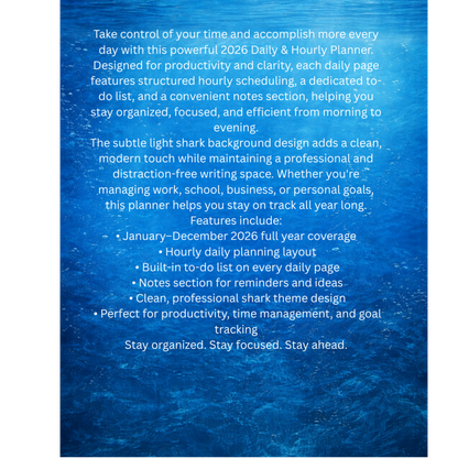 2026 Coil Bound Daily & Hourly Planner: Shark Theme Productivity Organizer with To-Do Lists and Notes | January–December Appointment Book and Time Management Planner