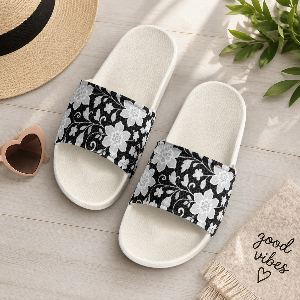 Black & White Floral Women's Slide Sandals | Cushioned Faux Leather Comfort Slides | Lightweight Summer Slip-On Sandals
