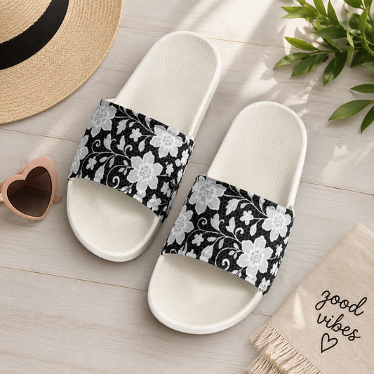 Black & White Floral Women's Slide Sandals | Cushioned Faux Leather Comfort Slides | Lightweight Summer Slip-On Sandals