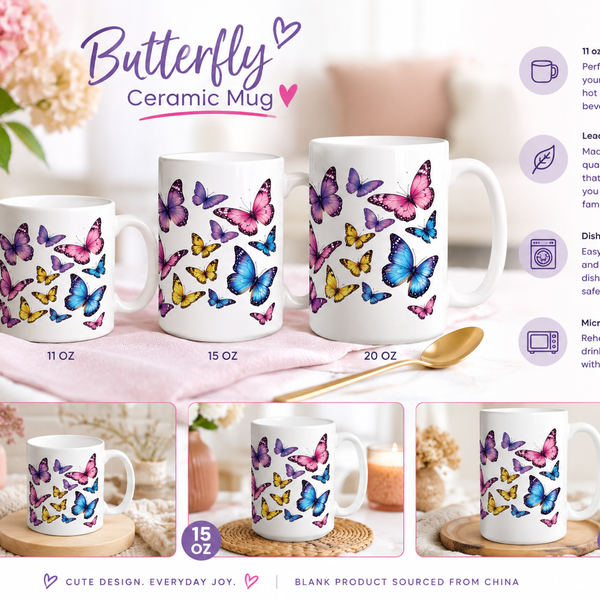 Butterfly Ceramic Mug – Colorful Butterfly Coffee Cup