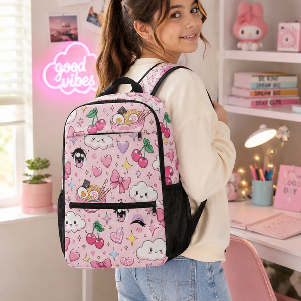 Kawaii Anime Inspired Utility Backpack | Cute Ramen, Cherries & Sparkles School Bag for Teens