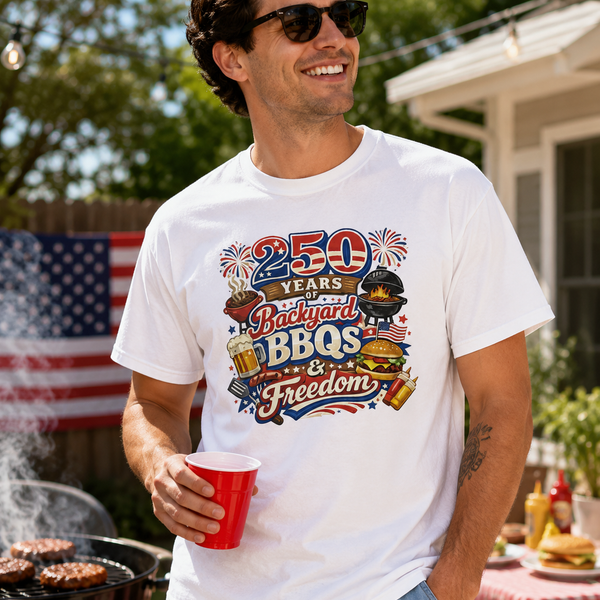 250 Years of Backyard BBQs & Freedom Patriotic T-Shirt | Funny America 250 BBQ Graphic Tee
