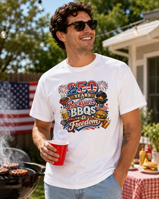 250 Years of Backyard BBQs & Freedom Patriotic T-Shirt | Funny America 250 BBQ Graphic Tee