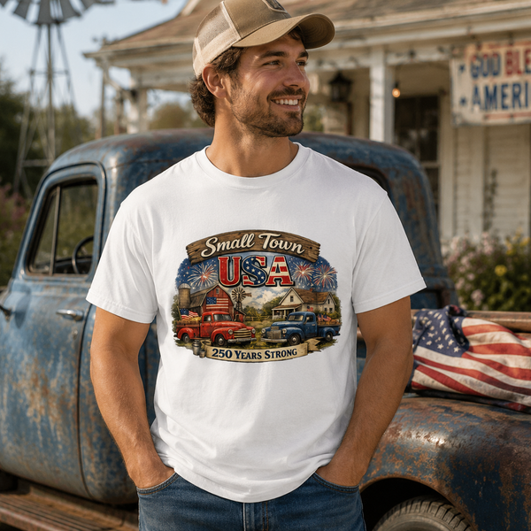 Small Town USA 250 Years Strong Patriotic T-Shirt | Rustic Americana Farmhouse Graphic TeeUnisex classic tee