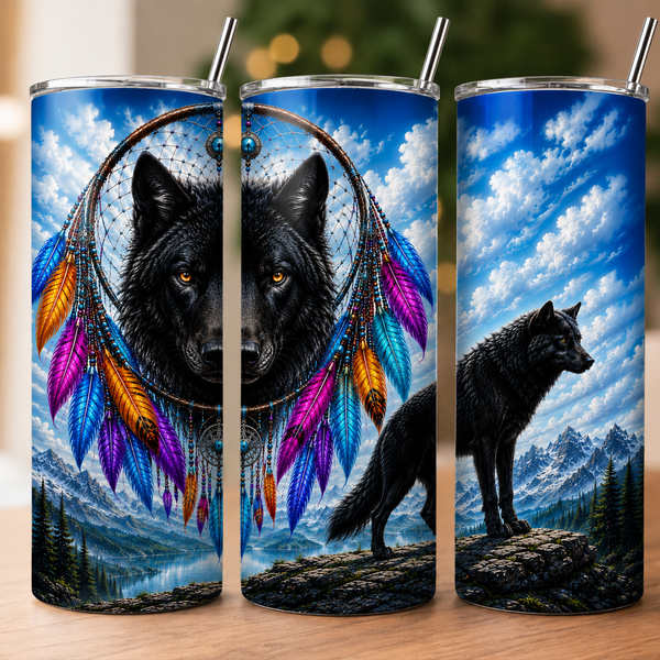 Black Wolf Dreamcatcher 20oz Stainless Steel Tumbler with Straw & Lid