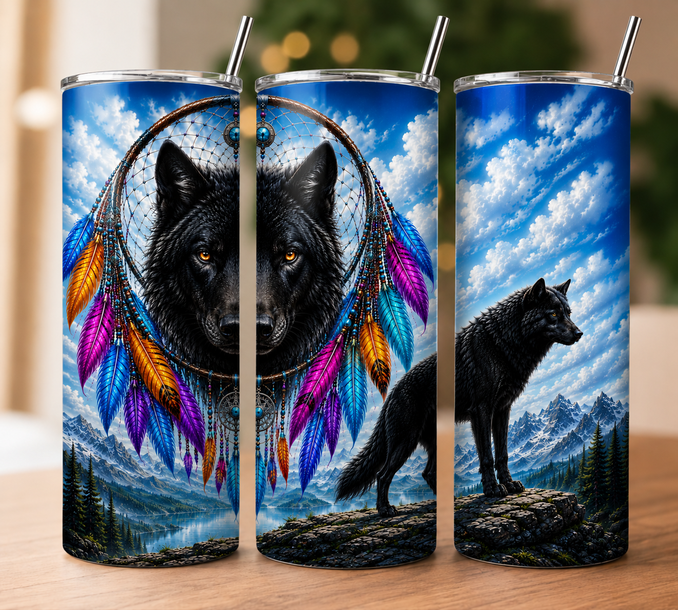 Black Wolf Dreamcatcher 20oz Stainless Steel Tumbler with Straw & Lid