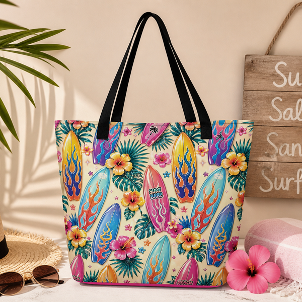 Tropical Surfboard Large Tote Bag – Beach Days Floral Summer Bag