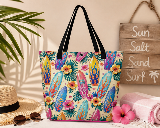 Tropical Surfboard Large Tote Bag – Beach Days Floral Summer Bag