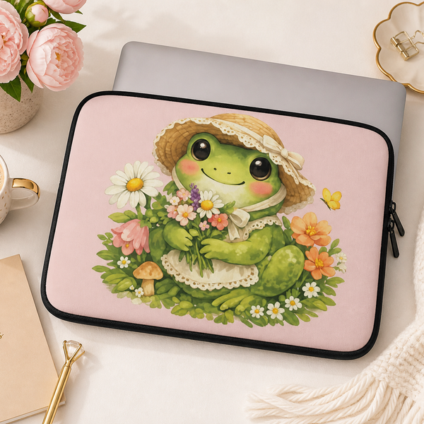 Cute Frog Laptop Sleeve with Flowers, Cottagecore Laptop Case 13" 15", Padded Neoprene Sleeve, Faux Fur Lining, Waterproof Laptop Cover