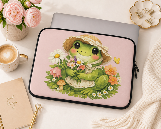 Cute Frog Laptop Sleeve with Flowers, Cottagecore Laptop Case 13" 15", Padded Neoprene Sleeve, Faux Fur Lining, Waterproof Laptop Cover