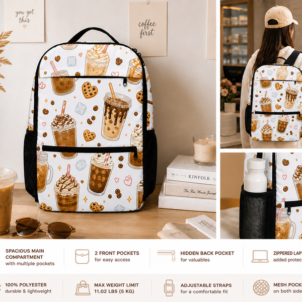 Cute Iced Coffee Backpack – Soft Life Café Aesthetic Utility Backpack with Laptop Pocket, Cozy Latte Design, Travel & School Bag