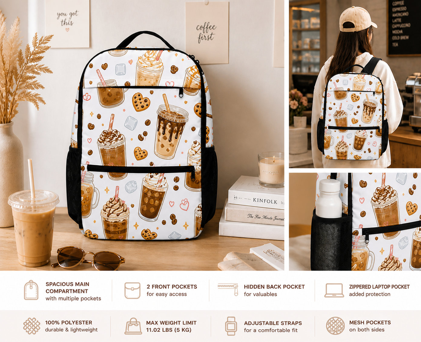 Cute Iced Coffee Backpack – Soft Life Café Aesthetic Utility Backpack with Laptop Pocket, Cozy Latte Design, Travel & School Bag