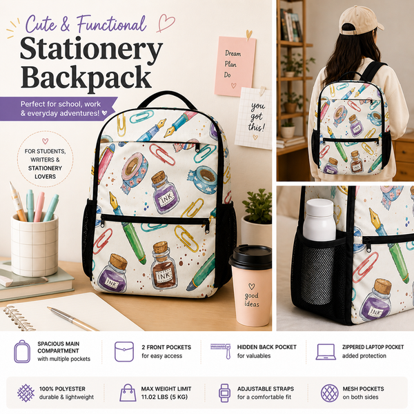Cute Stationery Backpack – Pencil & Ink Aesthetic Utility Backpack with Laptop Pocket, School Bag, Writer & Student Gift