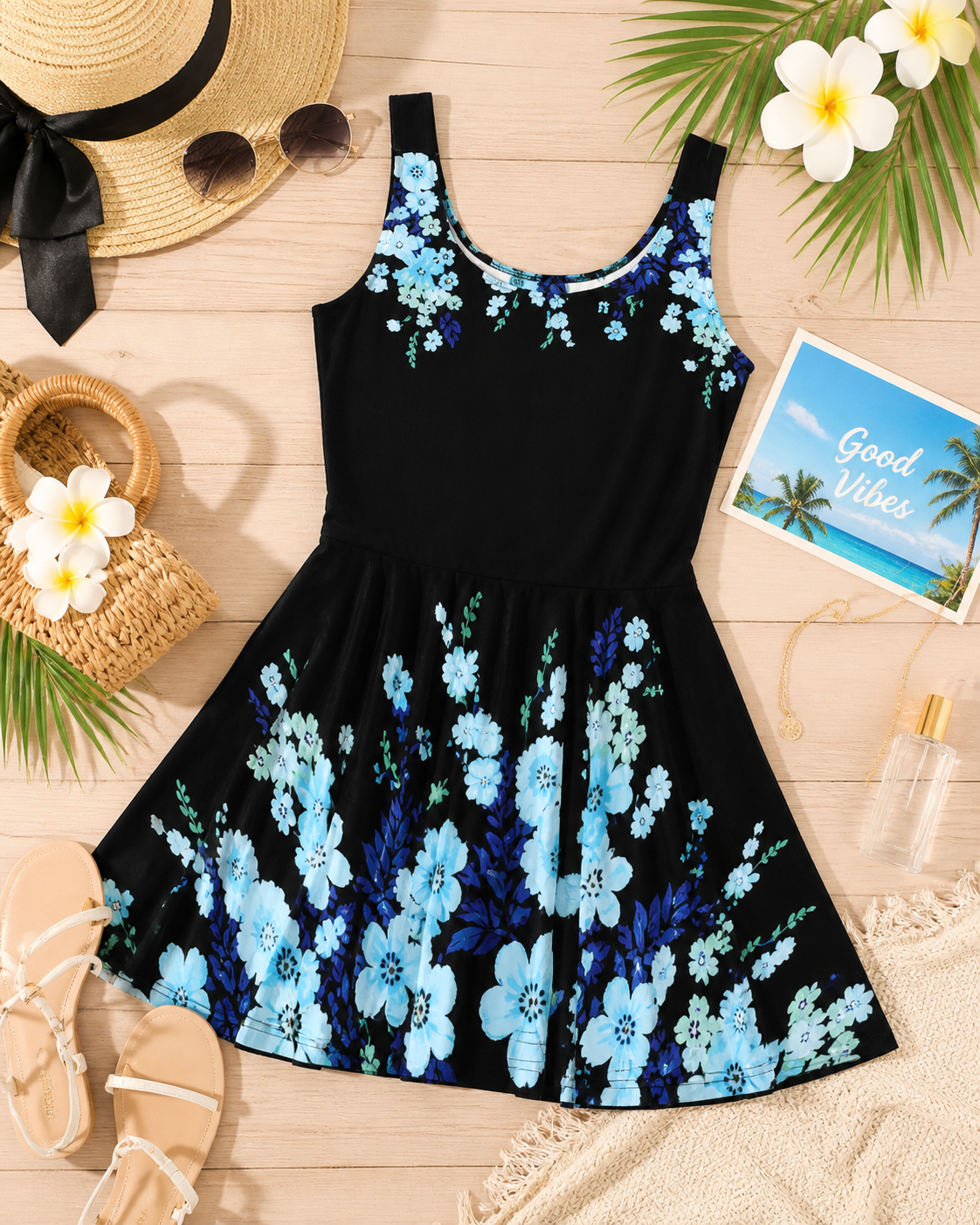 Blue Floral Skater Dress on Black | Flowy Mid-Thigh Dress | Soft Stretch Summer Outfit