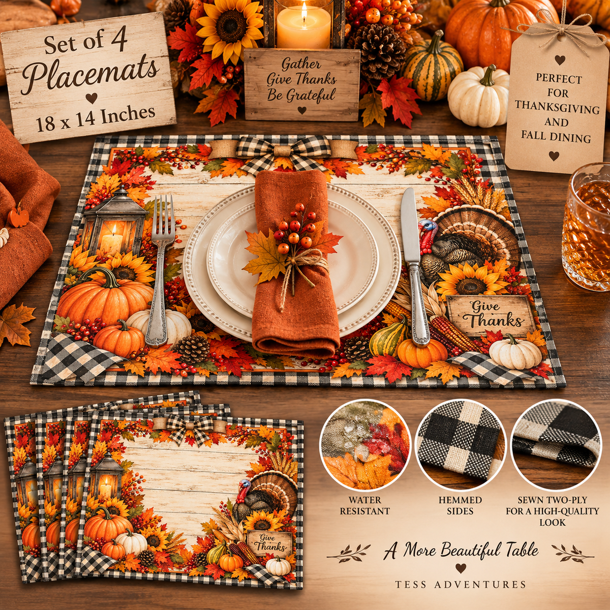 Thanksgiving Fall Placemats Set of 4 – Rustic Farmhouse Turkey & Pumpkin Harvest Table Mats, 18 x 14 Inch