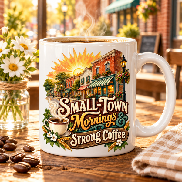 Small-Town Mornings & Strong Coffee Ceramic Mug – Rustic Country Coffee Cup, Small-Town Gift