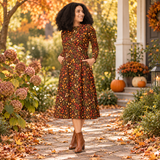 Fall Print Long Sleeve Midi Dress with Pockets
