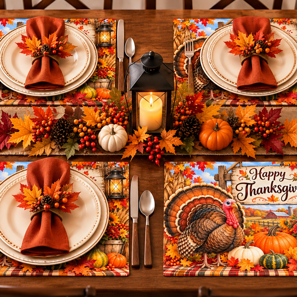 Thanksgiving Placemats Set of 4 – Rustic Fall Turkey & Pumpkin Table Decor, 18×14 Inch