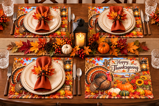 Thanksgiving Placemats Set of 4 – Rustic Fall Turkey & Pumpkin Table Decor, 18×14 Inch