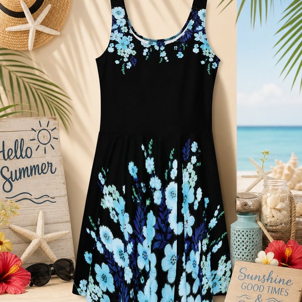 Blue Floral Skater Dress on Black | Flowy Mid-Thigh Dress | Soft Stretch Summer Outfit