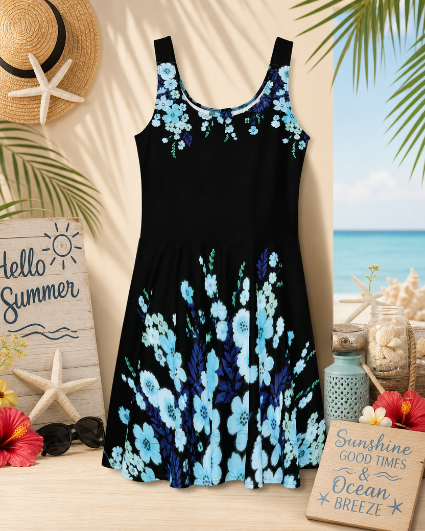 Blue Floral Skater Dress on Black | Flowy Mid-Thigh Dress | Soft Stretch Summer Outfit