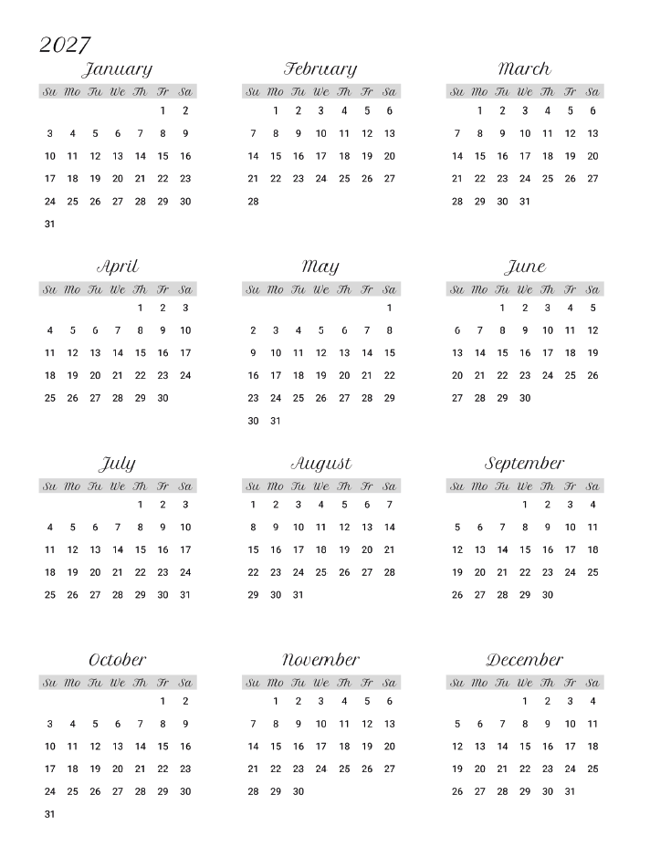 2027 Monthly Planner