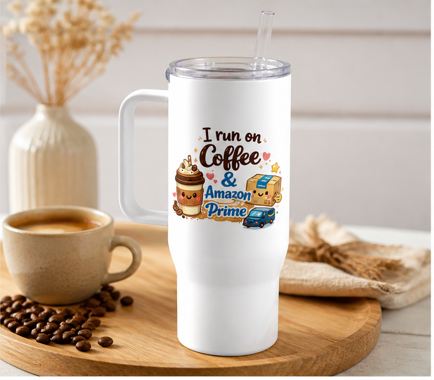 I Run on Coffee & Amazon Prime Travel Mug with Handle