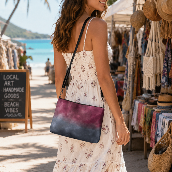 Galaxy Mist Faux Leather Crossbody Bag – Purple & Blue Cosmic Shoulder Purse with Adjustable Strap