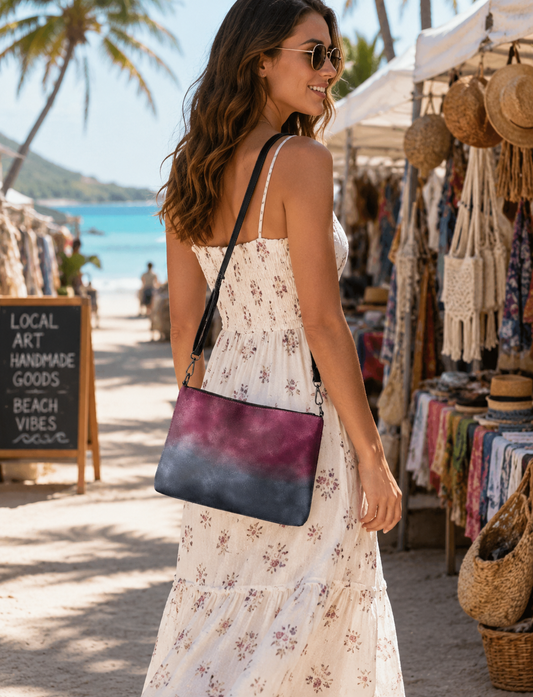 Galaxy Mist Faux Leather Crossbody Bag – Purple & Blue Cosmic Shoulder Purse with Adjustable Strap