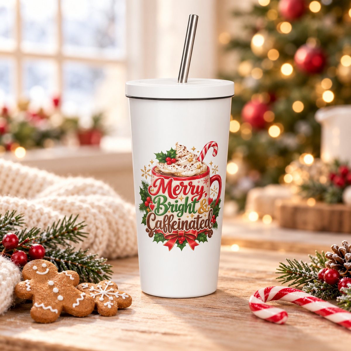 erry Bright & Caffeinated Christmas Tumbler with Straw, 20 oz