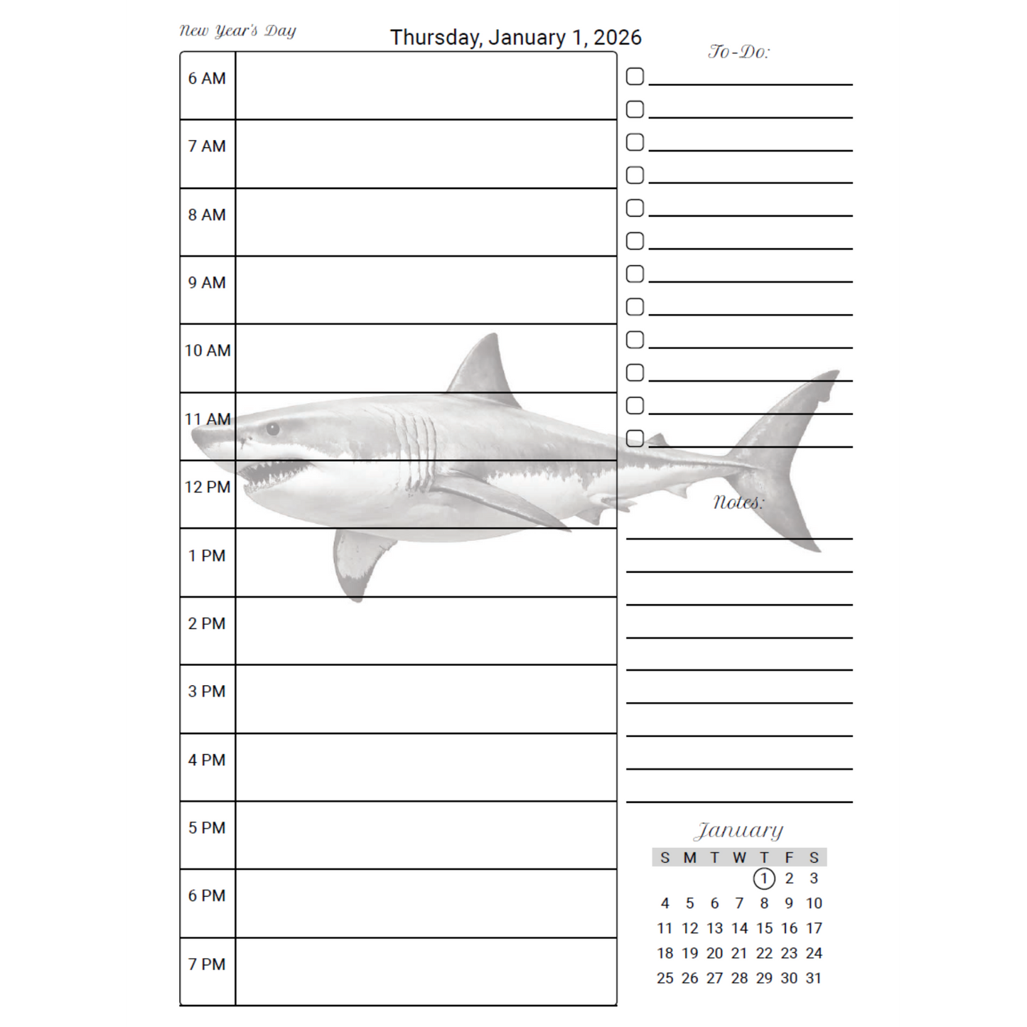 2026 Coil Bound Daily & Hourly Planner: Shark Theme Productivity Organizer with To-Do Lists and Notes | January–December Appointment Book and Time Management Planner