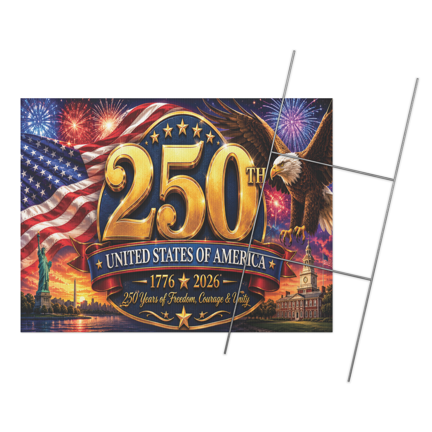250th Anniversary USA Yard Sign | Patriotic American Flag, Eagle & Fireworks Lawn Sign | 18" x 24" Independence Celebration Decor with H-Stake