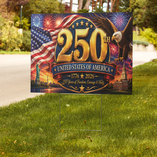 250th Anniversary USA Yard Sign | Patriotic American Flag, Eagle & Fireworks Lawn Sign | 18" x 24" Independence Celebration Decor with H-Stake