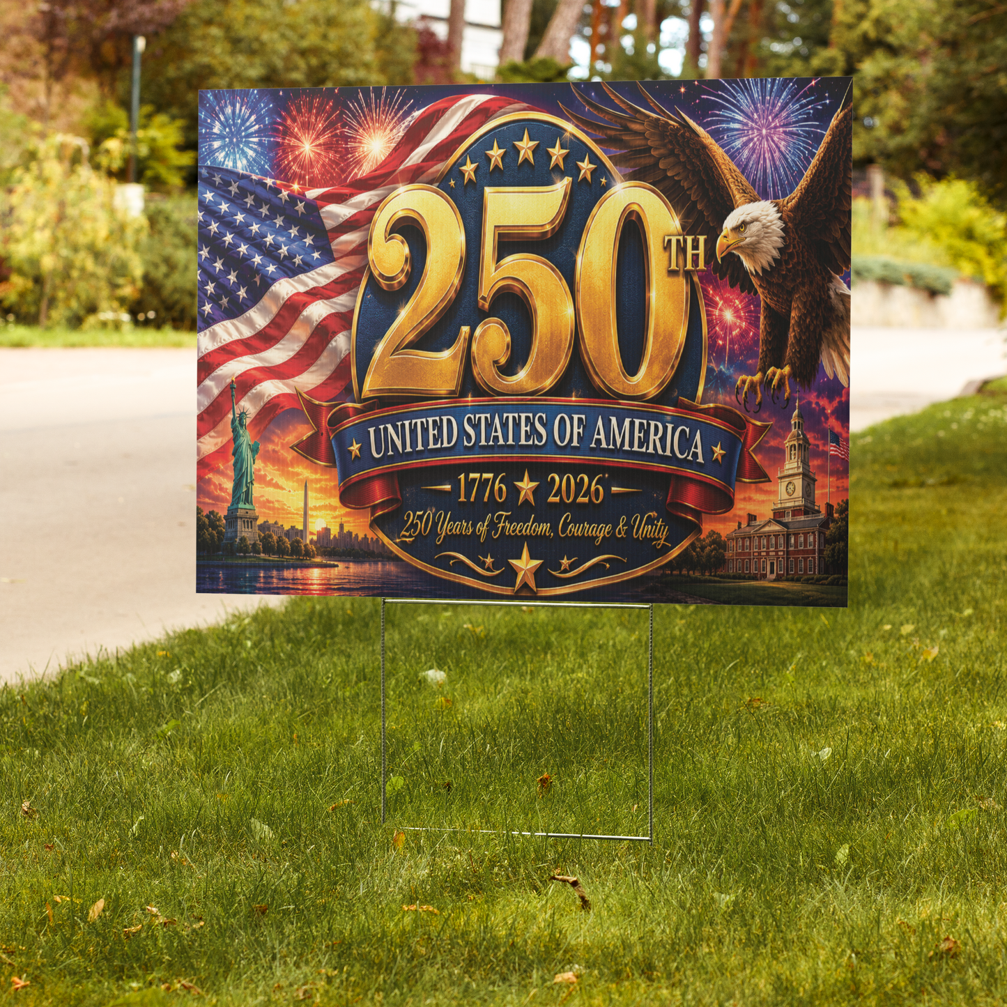 250th Anniversary USA Yard Sign | Patriotic American Flag, Eagle & Fireworks Lawn Sign | 18" x 24" Independence Celebration Decor with H-Stake