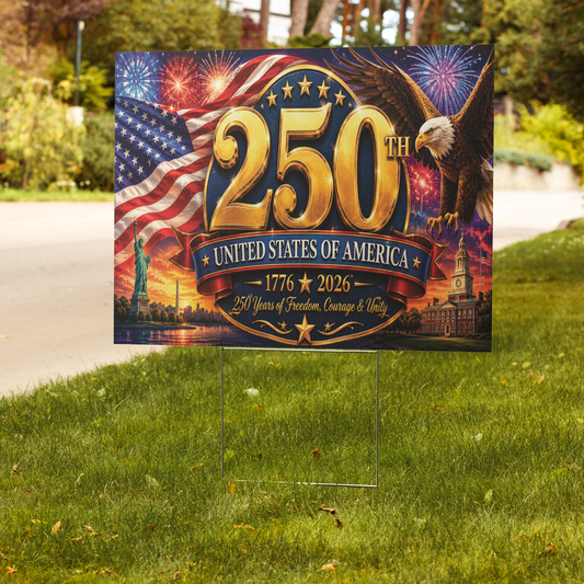 250th Anniversary USA Yard Sign | Patriotic American Flag, Eagle & Fireworks Lawn Sign | 18" x 24" Independence Celebration Decor with H-Stake